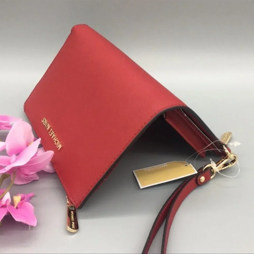 Michael Kors Large Double Zip Wristlet Leather Flame Color